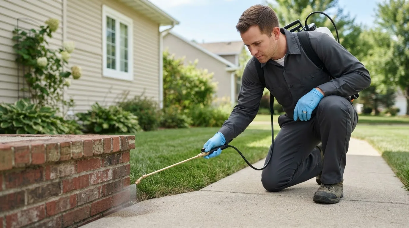 Pest control technician treating a home near New Washington, OH